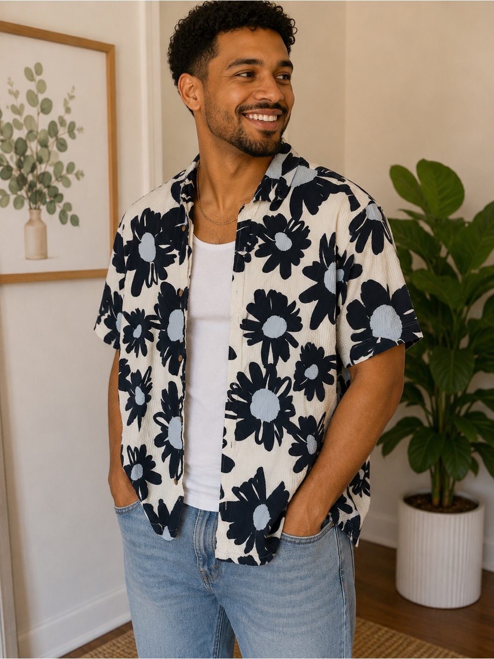 Folk March Camp Collar Shirt Bold Navy and Blue Flowers Ivory